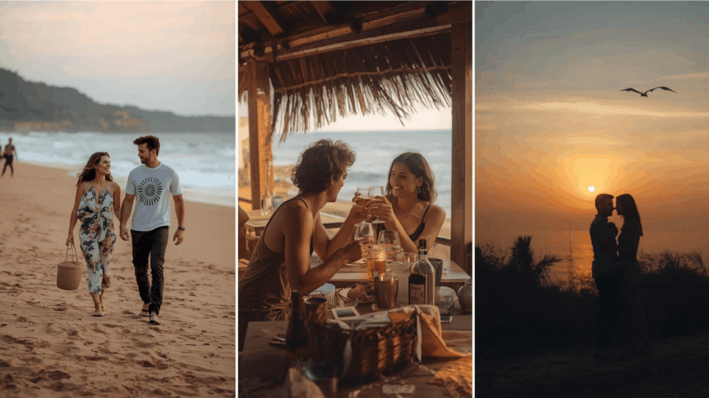 Couple enjoying different romantic experiences in Goa, highlighting the best time to visit Goa for honeymoon based on travel style