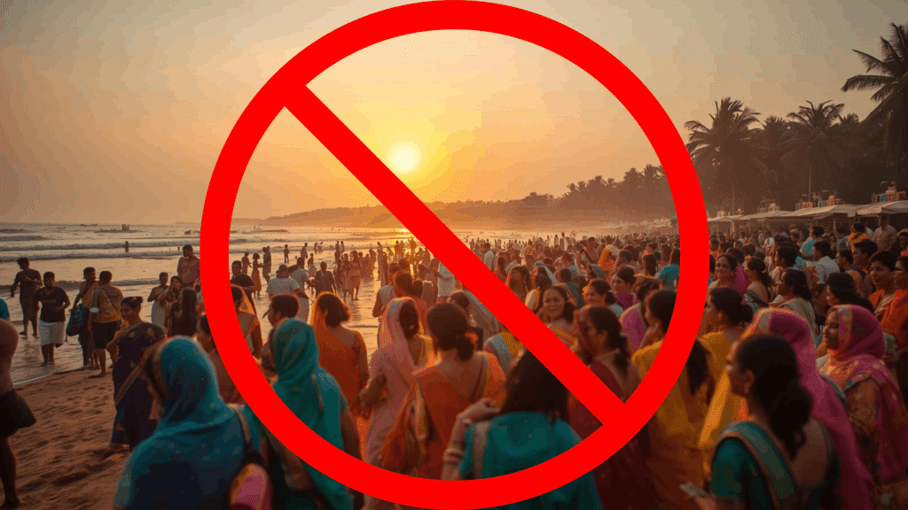 Crowded and rainy beach scene in Goa, showing when the best time to visit Goa for honeymoon may not apply for couples seeking romance