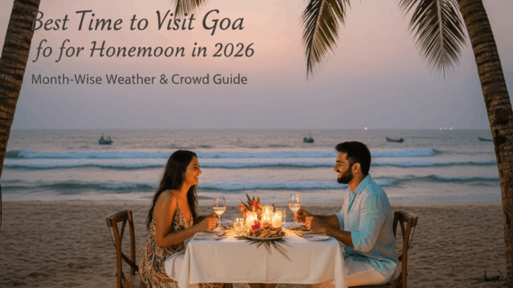 Romantic honeymoon couple enjoying a peaceful beach sunset in Goa, highlighting the best time to visit Goa for honeymoon with pleasant weather and fewer crowds