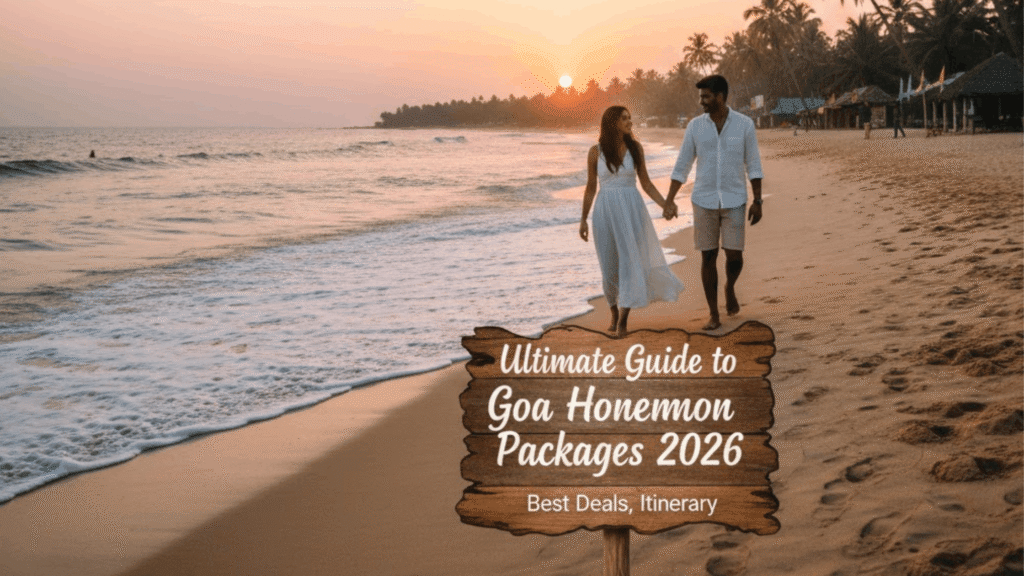 Romantic couple enjoying a sunset beach view in Goa while exploring Goa Honeymoon Packages 2026, surrounded by tropical scenery and calm sea